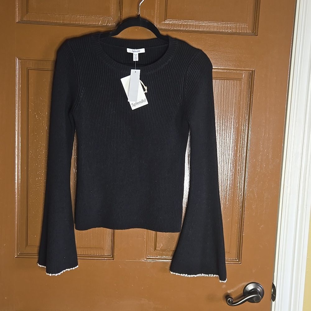 Splendid-Black wool blend round neck sweater with pearls on bell sleeves XS NWT
